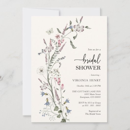 Elegant Wildflower Bridal Shower Invitation Kaart (Voorkant)