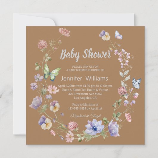 Elegant Wildflower Bruin Neutraal baby shower Kaart (Voorkant)