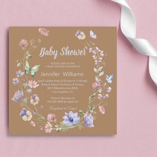 Elegant Wildflower Bruin Neutraal baby shower Kaart