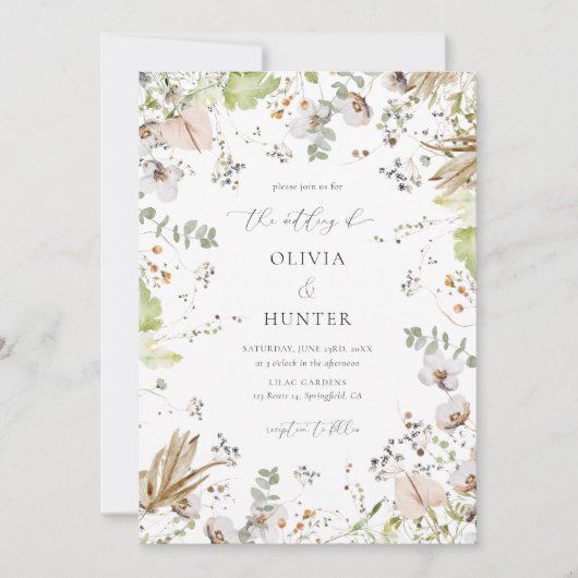 Elegant Wildflower Calligraphy Wedding Kaart (Voorkant)