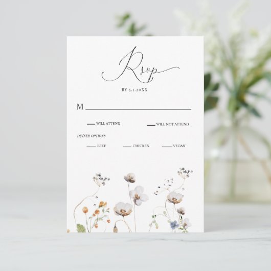 Elegant Wildflower Calligraphy Wedding RSVP Kaart (Staand voorkant)