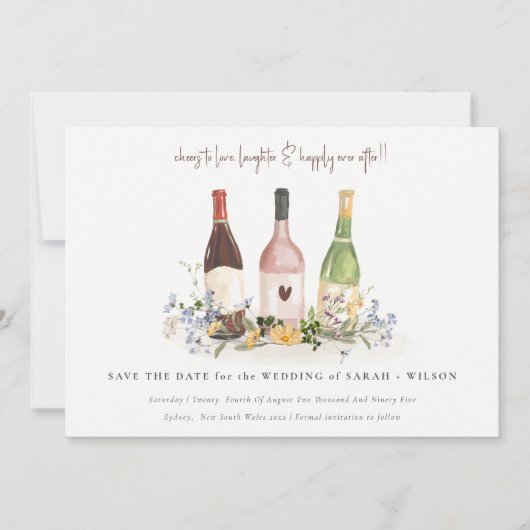 Elegant Wildflower Cheers to Love Wine Botles Save The Date (Voorkant)