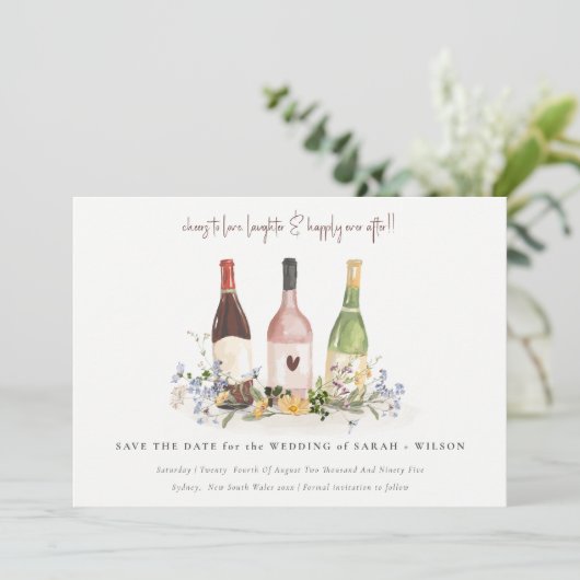 Elegant Wildflower Cheers to Love Wine Botles Save The Date (Staand voorkant)