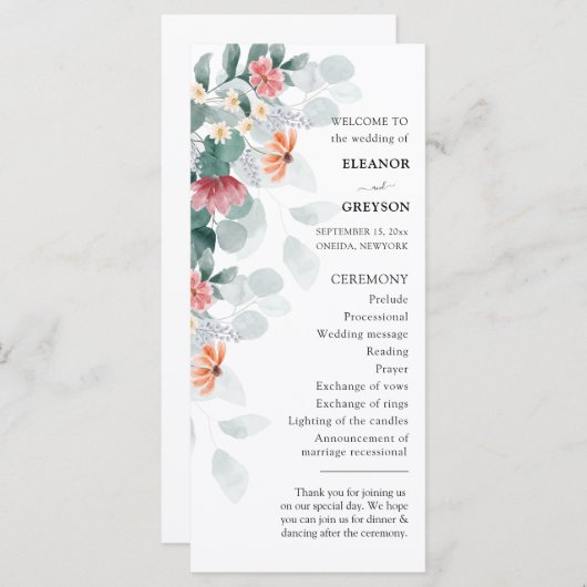 Elegant wildflower eucalyptus bruiloft programma (Voorkant / Achterkant)