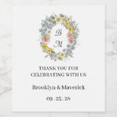 Elegant Wildflower Floral Monogram Crest Wedding Wijn Etiket (Enkel label)