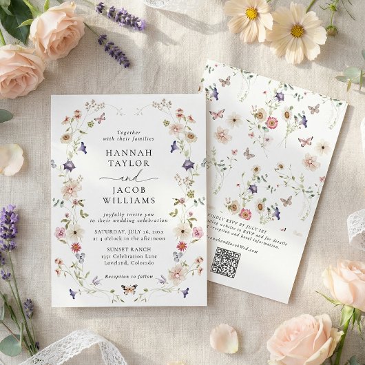 Elegant Wildflower Floral QR Code Wedding Kaart