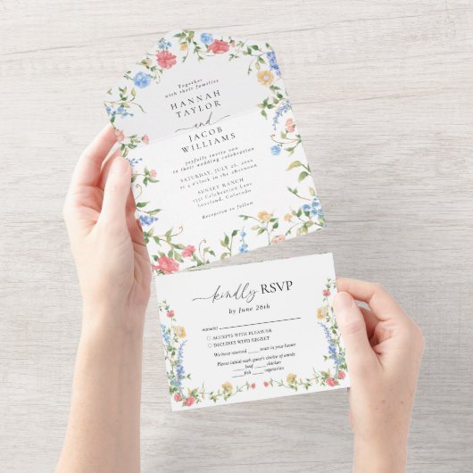 Elegant Wildflower Floral Wedding All In One Uitnodiging (Afscheurbaar)