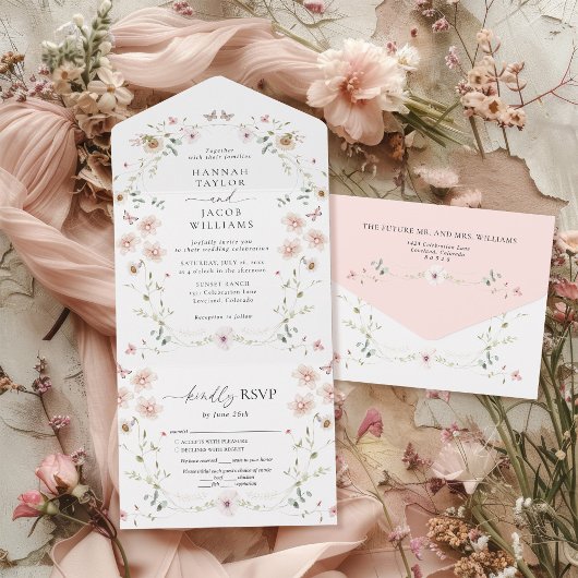 Elegant Wildflower Floral Wedding All In One Uitnodiging