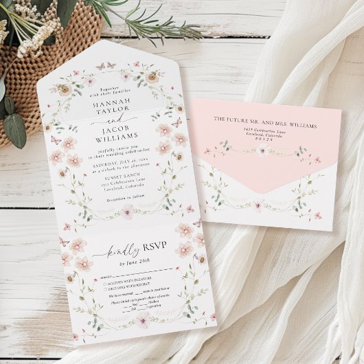 Elegant Wildflower Floral Wedding All In One Uitnodiging