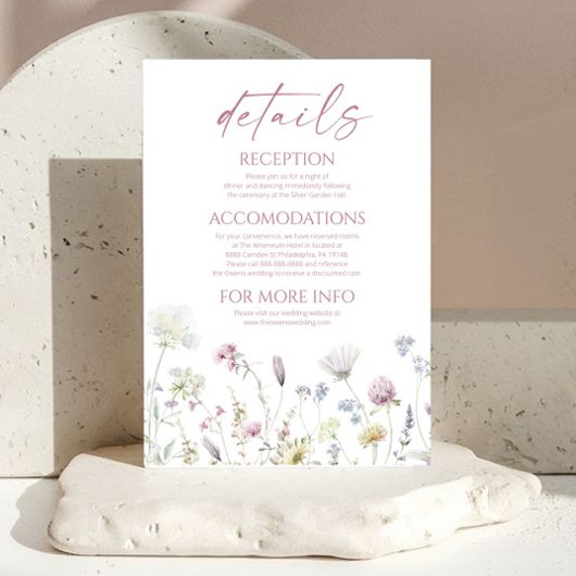 Elegant Wildflower Floral Wedding Details Informatiekaartje