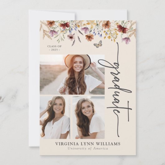 Elegant Wildflower Foto Afstuderen Aankondiging (Voorkant)