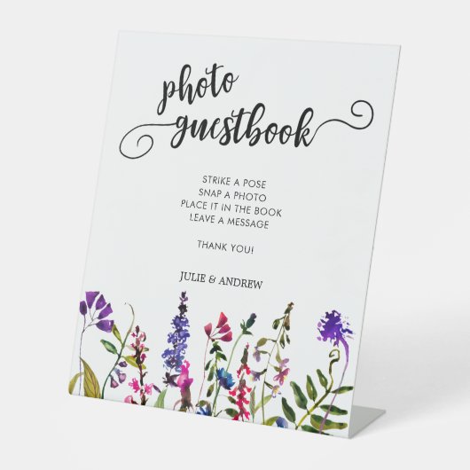 Elegant Wildflower Foto guestbook Pedestal Sign Reclamebord Met Voetstuk (Voorkant)