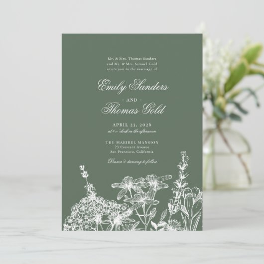 Elegant Wildflower Garden Script Wedding Invitatio Kaart (Staand voorkant)