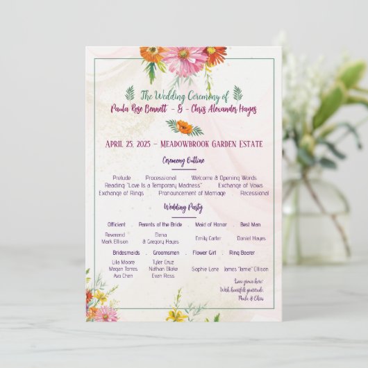 Elegant Wildflower Garden Wedding Programma Programmakaart (Staand voorkant)