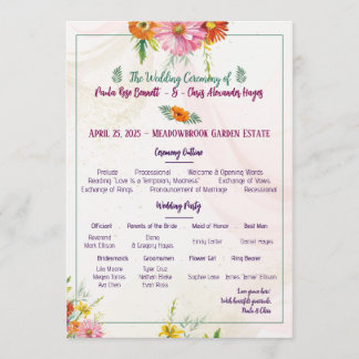 Elegant Wildflower Garden Wedding Programma Programmakaart