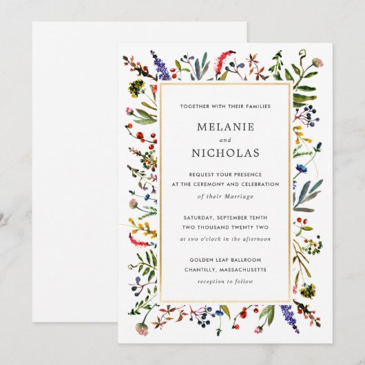 Elegant Wildflower + Gold Weddenwit achterzijde Kaart (Voorkant / Achterkant)