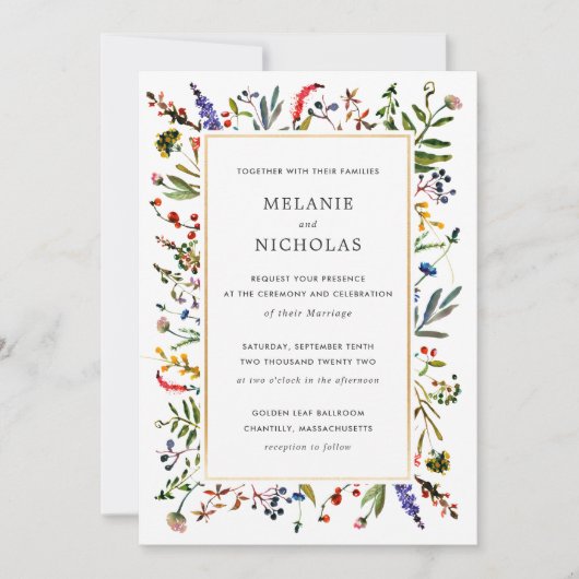 Elegant Wildflower + Gold Wedding-uitnodiging Kaart (Voorkant)
