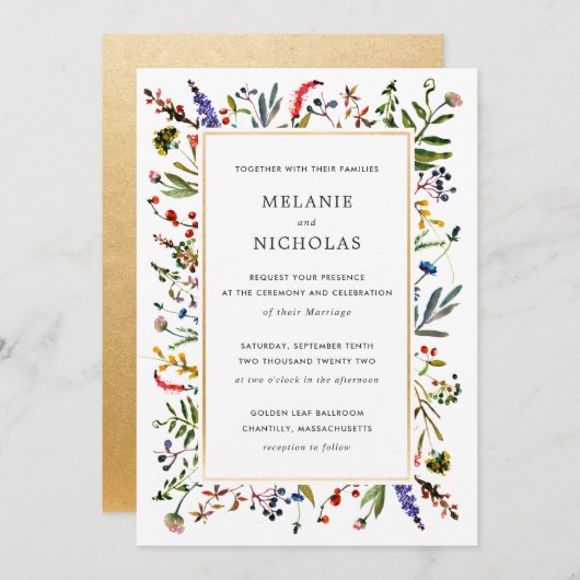 Elegant Wildflower + Gold Wedding-uitnodiging Kaart (Voorkant / Achterkant)