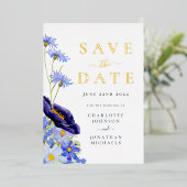 Elegant Wildflower Goud Marine Blauw Bruiloft Folie Uitnodiging (Staand Voorkant)