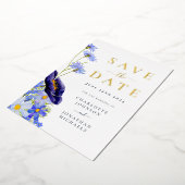 Elegant Wildflower Goud Marine Blauw Bruiloft Folie Uitnodiging (Gedraaid)