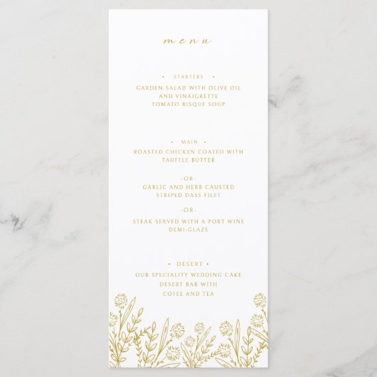 Elegant Wildflower Goud Wit Bruiloft Diner Menu (Voorkant)