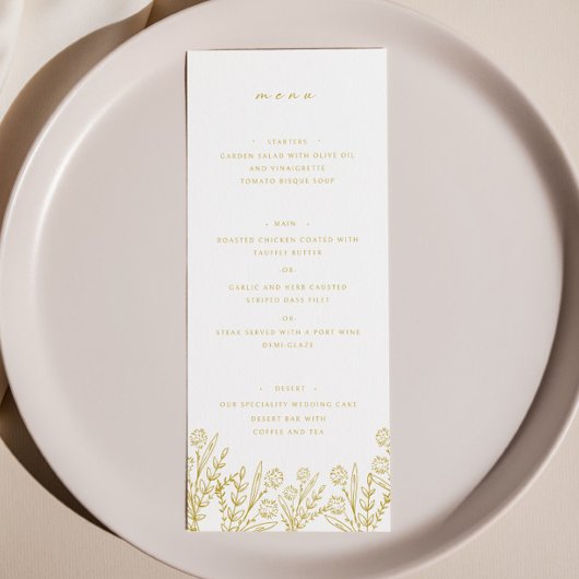 Elegant Wildflower Goud Wit Bruiloft Diner Menu