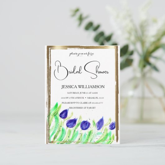 Elegant Wildflower gouden Bridal Shower Invitation Briefkaart (Staand voorkant)
