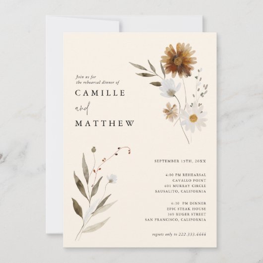 Elegant Wildflower Herfst repetitie diner Kaart (Voorkant)