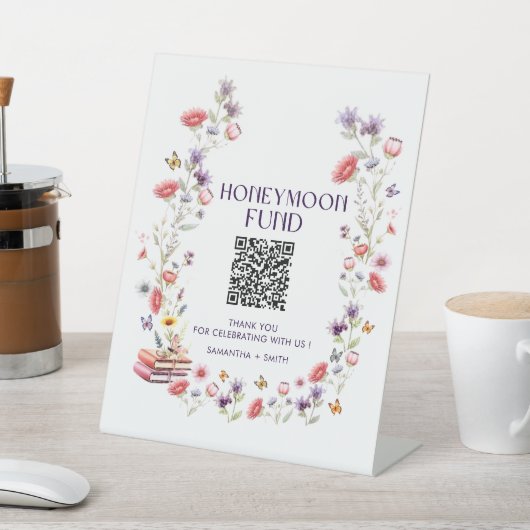 Elegant Wildflower Honeymoon Fund QR Code Wedding Reclamebord Met Voetstuk (Insitu)