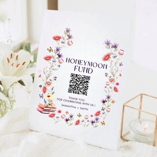 Elegant Wildflower Honeymoon Fund QR Code Wedding Reclamebord Met Voetstuk