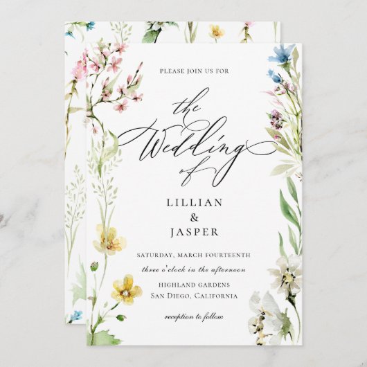 Elegant Wildflower Lijst Calligrafie Weddenschap Kaart (Voorkant / Achterkant)