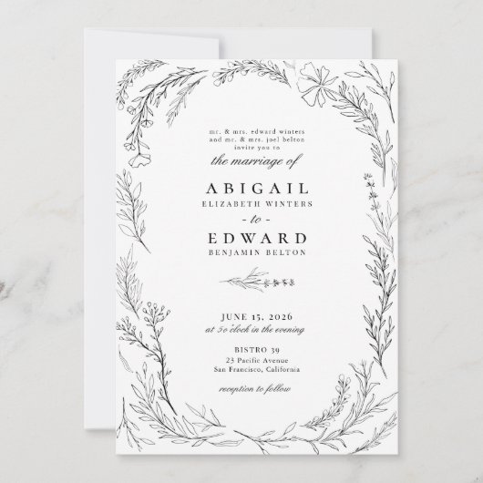 Elegant Wildflower Lijst Illustratie Wedding Kaart (Voorkant)