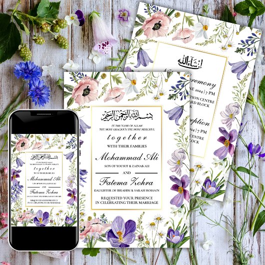 Elegant Wildflower Lijst Moslim bruiloft Nikah Kaart