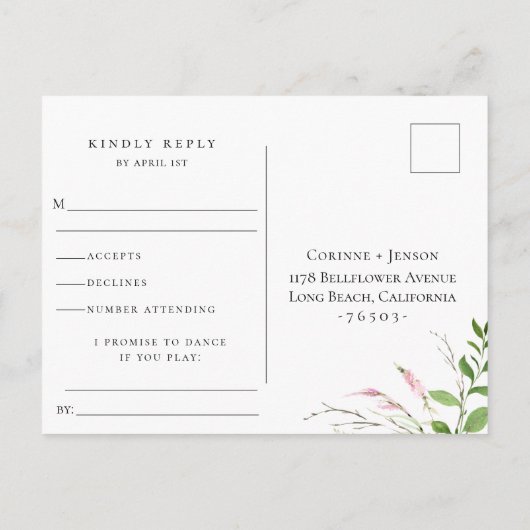 Elegant Wildflower Lijst Wedding RSVP Song Request Uitnodiging Briefkaart (Achterkant)