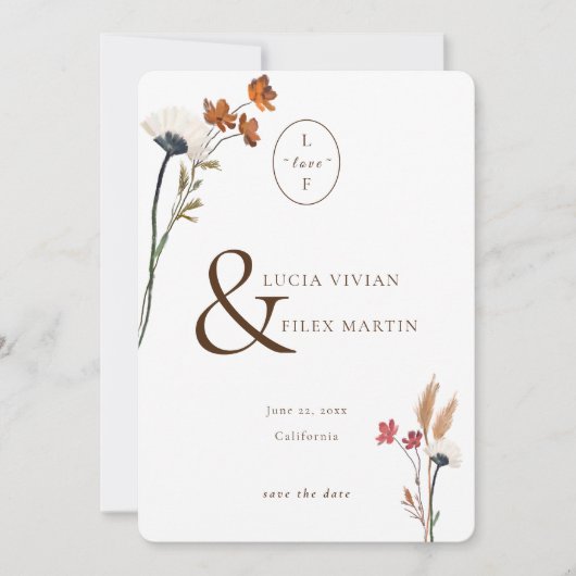Elegant Wildflower Love Initiaal Save the Date Kaart (Voorkant)