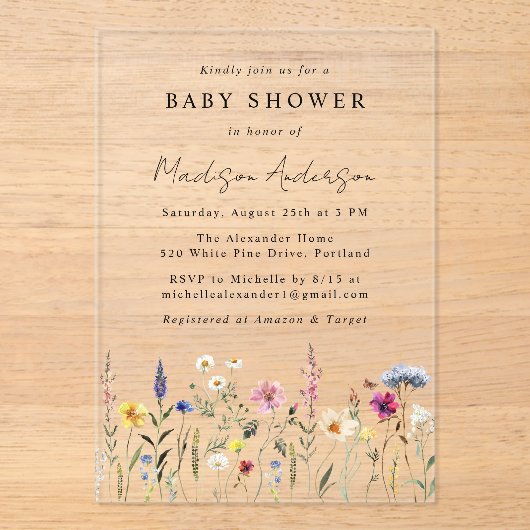 Elegant Wildflower Meadow Baby shower Acryl Uitnodigingen (Voorkant)