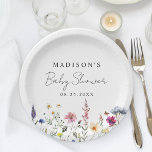 Elegant Wildflower Meadow Baby shower Papieren Bordje<br><div class="desc">Elegante floral baby showers papieren borden met een ondergrens van waterverf wilde bloemen en gebladerte in tinten van roze, geel, paarse, blauw en groen op een witte achtergrond. Personaliseer de wilde bloem baby shower papieren borden met de naam van de aanstaande moeder en de datum. De gepersonaliseerde wilde bloem papier...</div>