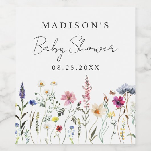Elegant Wildflower Meadow Baby shower Wijn Etiket (Enkel label)