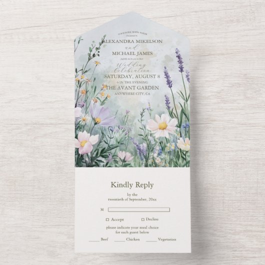 Elegant Wildflower Meadow Blush Pink Wedding All In One Uitnodiging (Binnen)