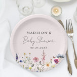 Elegant Wildflower Meadow Blush Roze Baby shower Papieren Bordje<br><div class="desc">Elegante floral baby showers papieren borden met een ondergrens van waterverf wilde bloemen en gebladerte in tinten van roze, geel, paarse, blauw en groen op een blush roze achtergrond. Personaliseer de wilde bloem baby shower papieren borden met de naam van de aanstaande moeder en de datum. De gepersonaliseerde wilde bloem...</div>