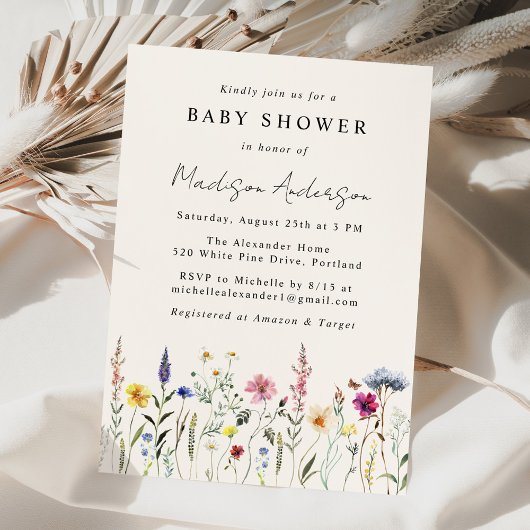 Elegant Wildflower Meadow Cream Baby shower Kaart