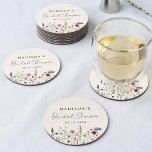 Elegant Wildflower Meadow Cream Vrijgezellenfeest Ronde Kartonnen Onderzetter<br><div class="desc">Elegante floral vrijgezellenfeest papieren onderzetters met een ondergrens van waterverf wilde bloemen en loof in tinten roze, geel, paarse, blauw en groen op een crème achtergrond. Personaliseer de wildflower vrijgezellenfeest onderzetters met de naam van de aanstaande bruid en de datum. De gepersonaliseerde wilde onderzetters zijn ideaal voor lente- en zomerse...</div>