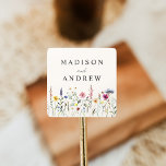 Elegant Wildflower Meadow Cream Wedding Vierkante Sticker<br><div class="desc">Elegant floral bruiloft stickers met een ondergrens van wilde waterverf bloemen en bladeren in tinten roze, geel, paars, blauw en groen met een roomachtergrond. Pas de wildbloemtrouwstickers aan met uw namen of aangepaste tekst. De gepersonaliseerde wildbloemtrouwstickers zijn perfect voor het dichtdraaien van bruiloftsenveloppen, paardzakken en nog veel meer. Ontworpen om...</div>