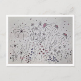 Elegant Wildflower Meadow Line Art Aankondigingskaart