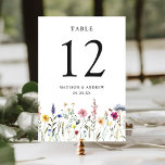 Elegant Wildflower Meadow Wedding Kaart<br><div class="desc">Elegant floral bruiloft-nummerkaarten met waterverf wildbloemen en bladeren in tinten roze, geel, paars, blauw en groen aan de onderkant van het ontwerp. Het ontwerp herhaalt zich op de rug. De bijtende bruinbloementafelkaarten zijn perfect voor lente- en zomerbruiloften. Om tot de lijstkaarten opdracht te geven: voeg jouw naam, trouwdatum, en lijstaantal...</div>
