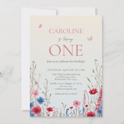 Elegant Wildflower Meisje 1e Verjaardag Kaart (Voorkant)