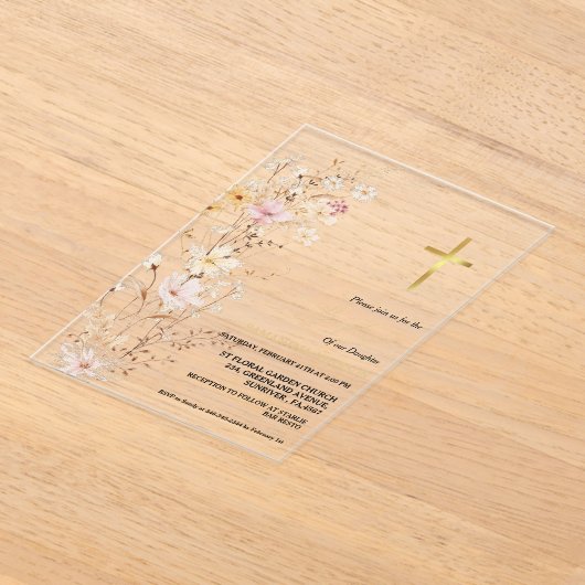 Elegant Wildflower Meisje Doop Doop Acryl Uitnodigingen (Laagn)