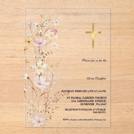 Elegant Wildflower Meisje Doop Doop Acryl Uitnodigingen (Voorkant)