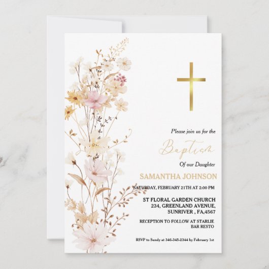 Elegant Wildflower Meisje Doop Doop Kaart (Voorkant)