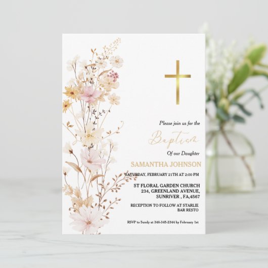 Elegant Wildflower Meisje Doop Doop Kaart (Staand voorkant)